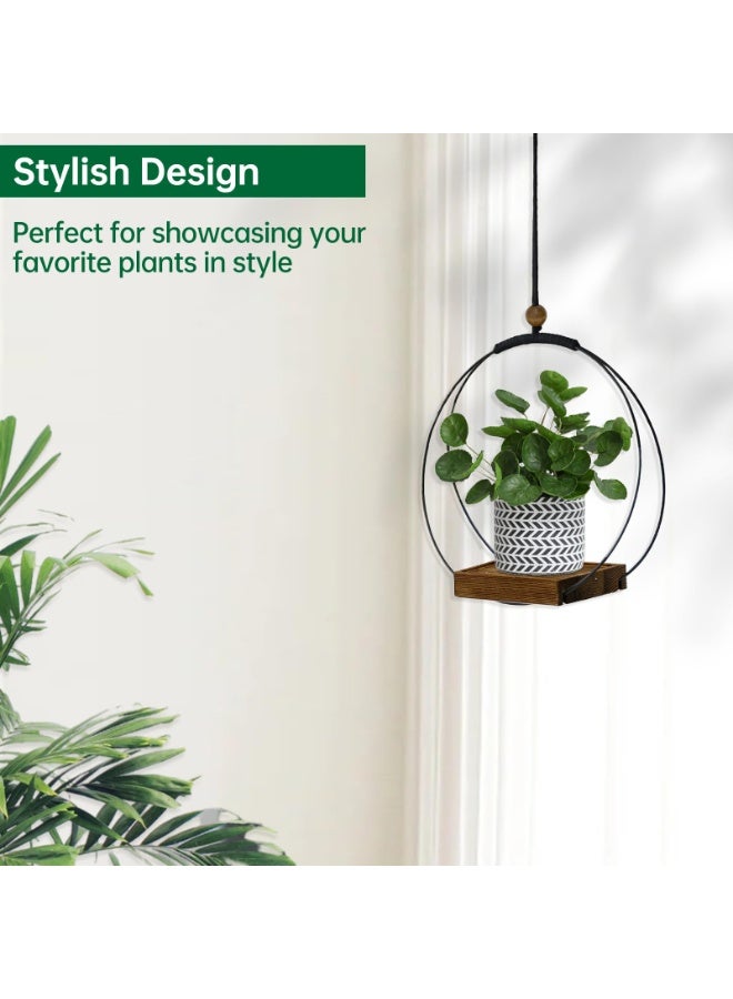 عربست حامل نباتات معلق للنباتات الداخلية، حامل نباتات أسود داخلي بقاعدة خشبية متينة، حامل نباتات بوهو ماكرامي عصري لأواني 3-5.5 بوصة، حامل معلق على الحائط والسقف والنافذة لتزيين المنزل (الأواني غير مضمنة) - Image 5